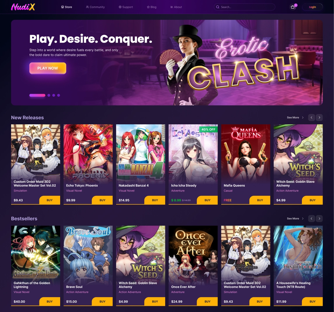 Nudix store preview — featured game banner, new releases and bestsellers