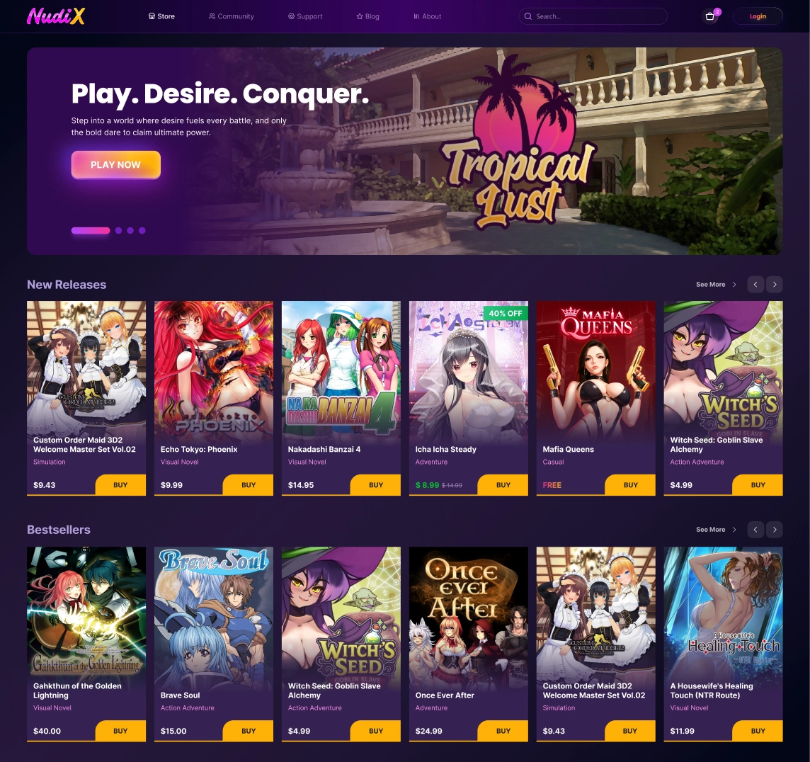 Nudix store preview — featured game banner and game catalog